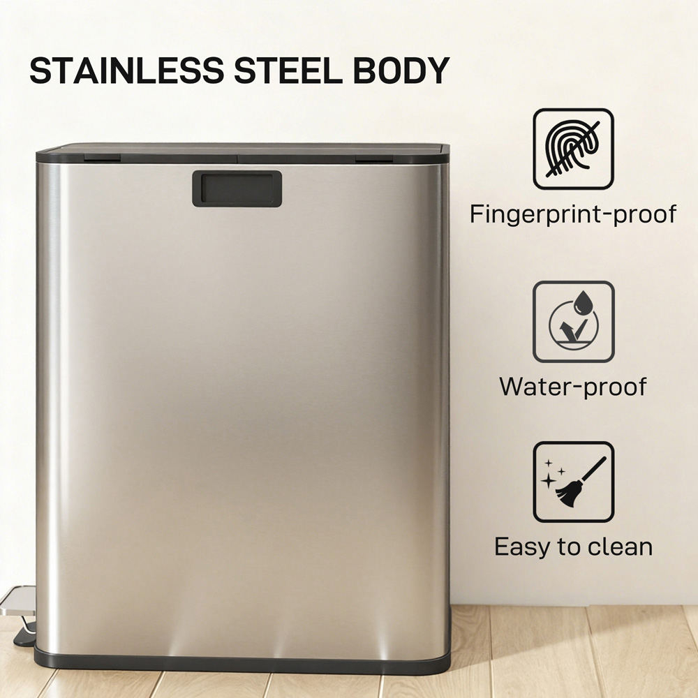 HOMCOM Double Silver Pedal Bin with Removable Inner Bucket and Soft-Close Lid 56L Image 6