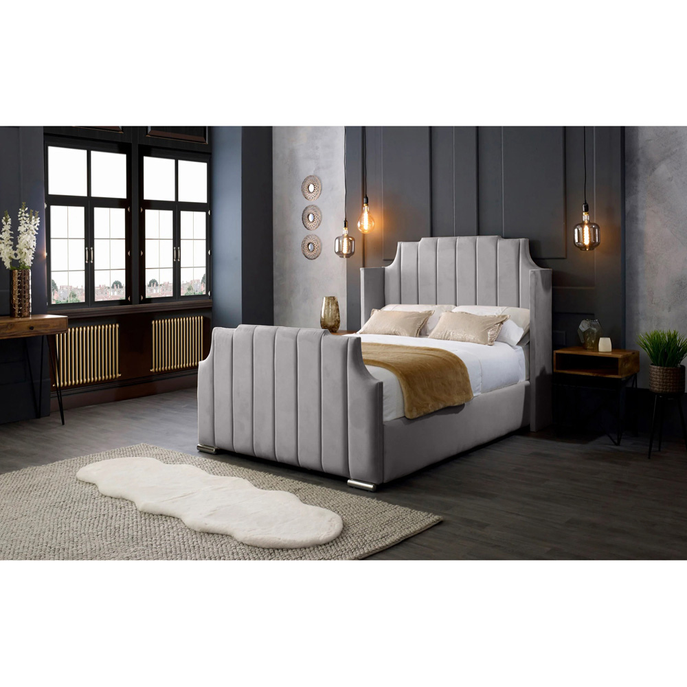 Eleganza Home Nelly Double Silver Plush Velvet Bed Frame with Winged Headboard Image 4