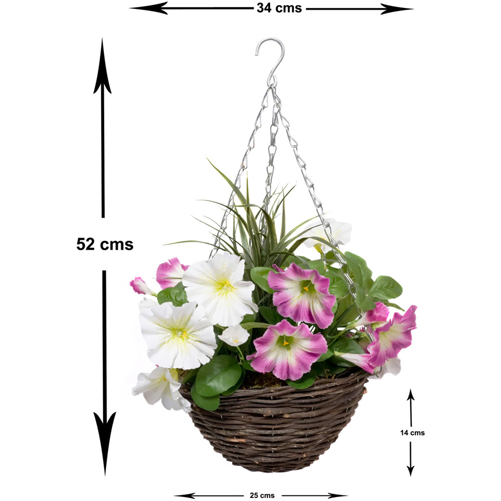 GreenBrokers Artificial Pink and White Petunias Round Rattan Hanging Plant Baskets 2 Pack Image 3