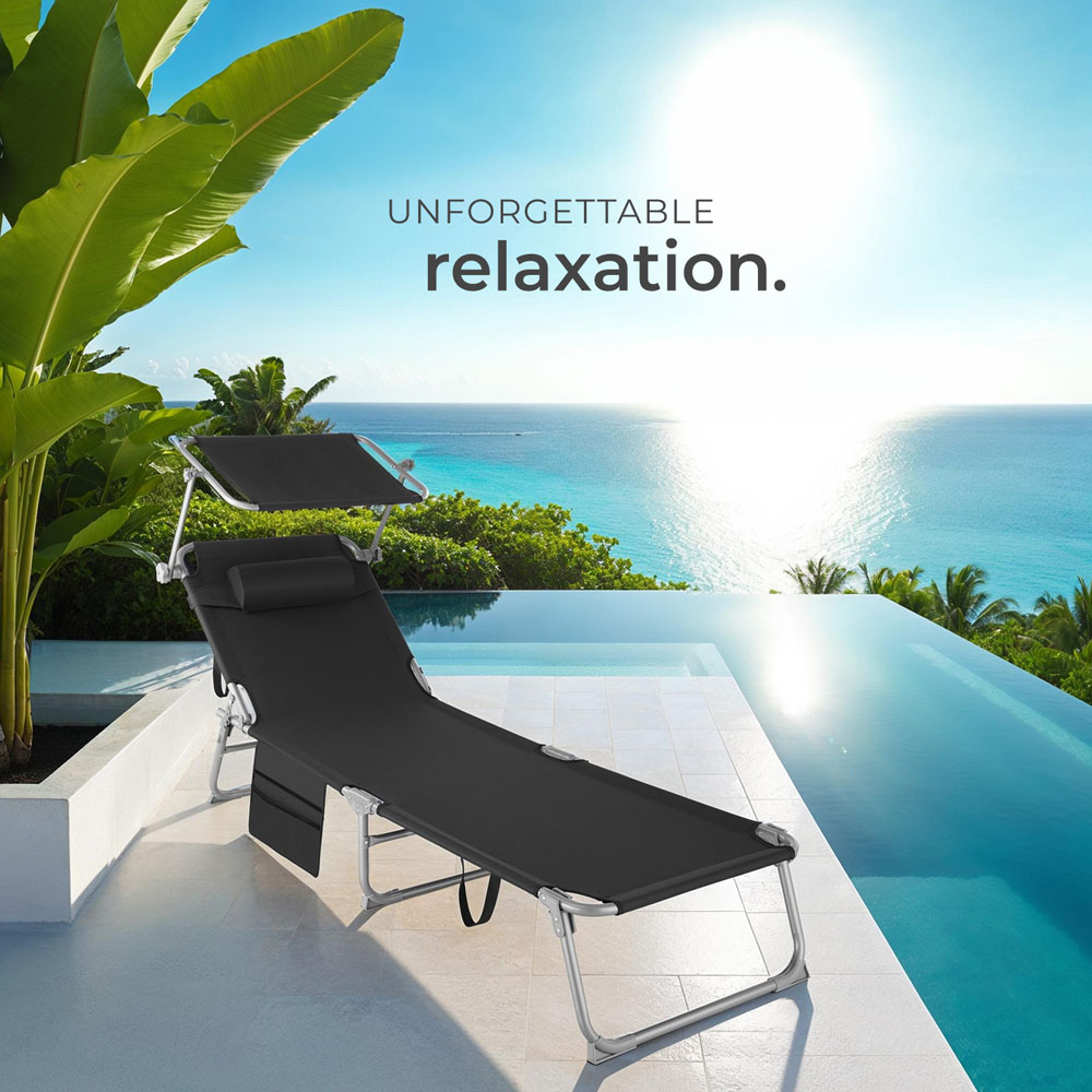 tectake Set of 2 Black Foldable Sun Loungers with Sun Canopy Image 8