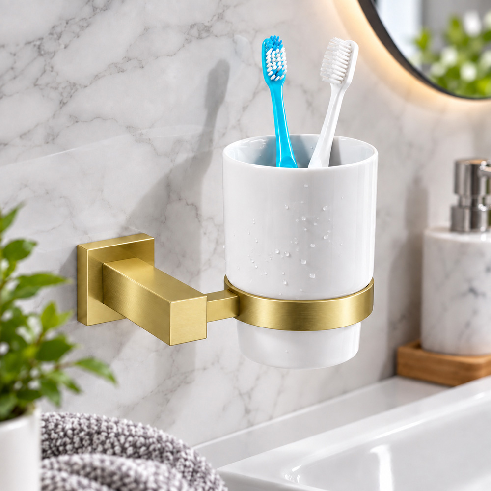 Go Bathrooms Froma Brushed Gold Wall Mounted Ceramic Tumbler with Holder Image 3