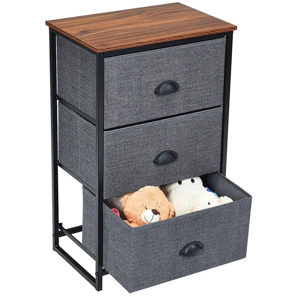 Costway Black 3 Drawer Fabric Nightstand Bedside Storage Cabinet Image 3