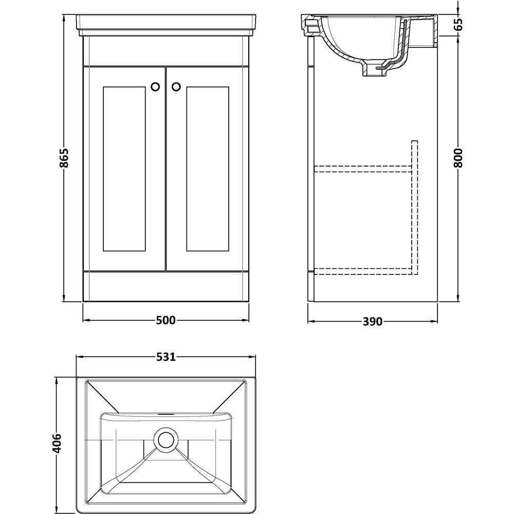 nuie Classique 2 Door Satin White Floor Standing Unit and 0 Tap Hole Fireclay Basin 500mm Image 3