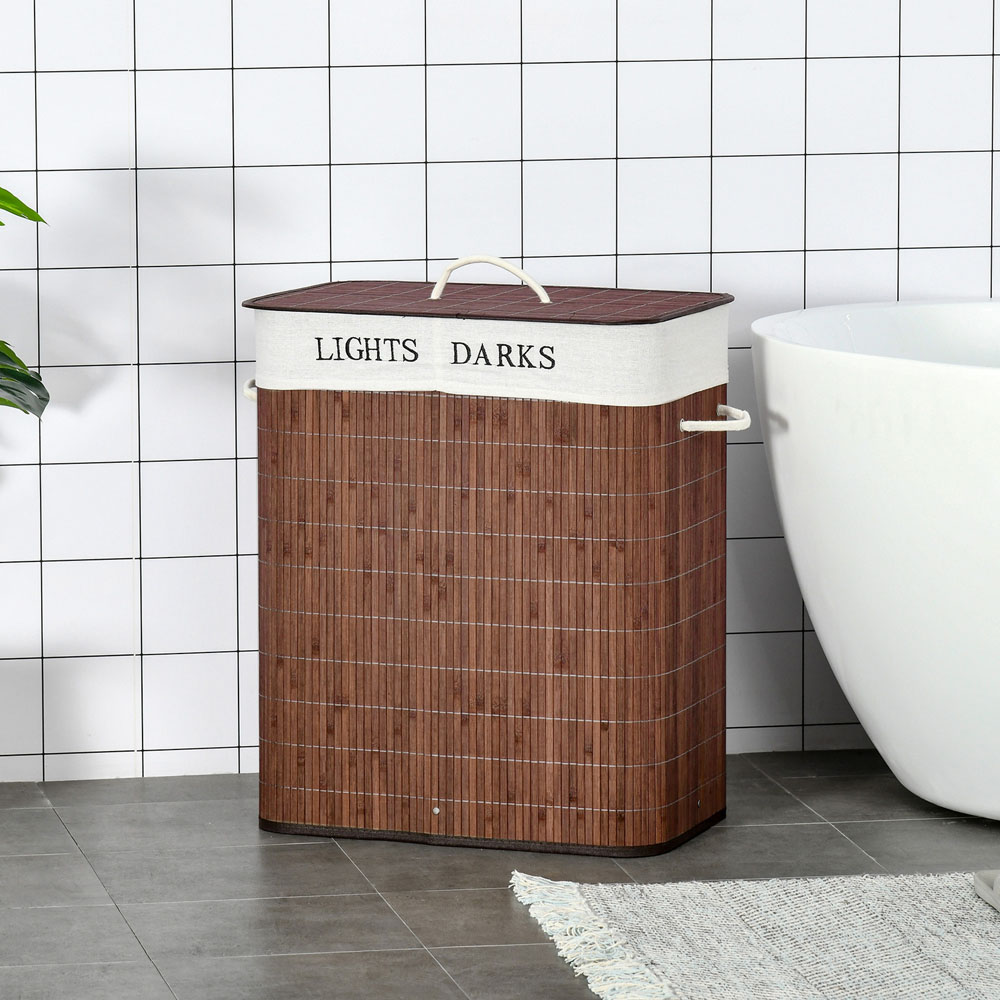HOMCOM 2 Section Brown Collapsible Laundry Hamper Image 2