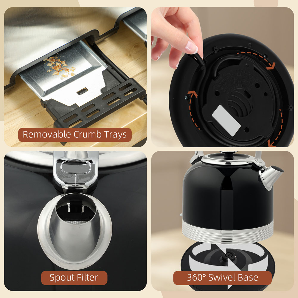 HOMCOM 800-212V70BK Black 1.7L Fast Boil Electric Kettle 3000W and 4 Slice Toaster Set Image 3