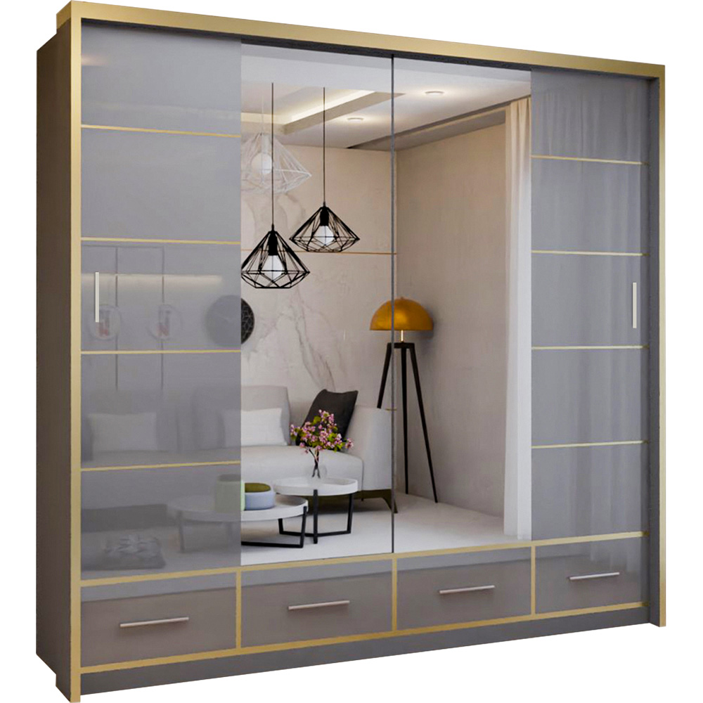 Modern High Gloss Sliding Wardrobe with Mirror, Shelves & Drawers - Grey 203cm Image 2