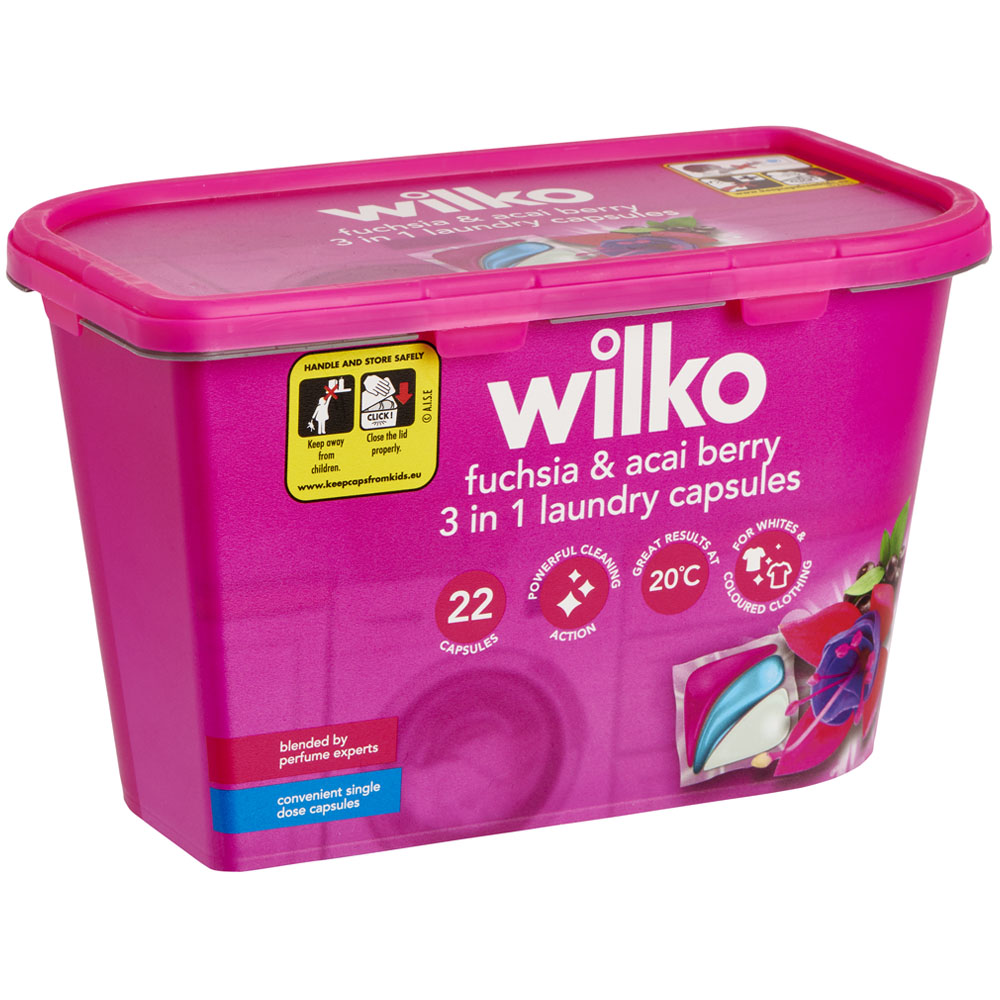 Wilko Biological Fuchsia and Acai Berry 3 in 1 Laundry Capsules 22 Washes Image 1