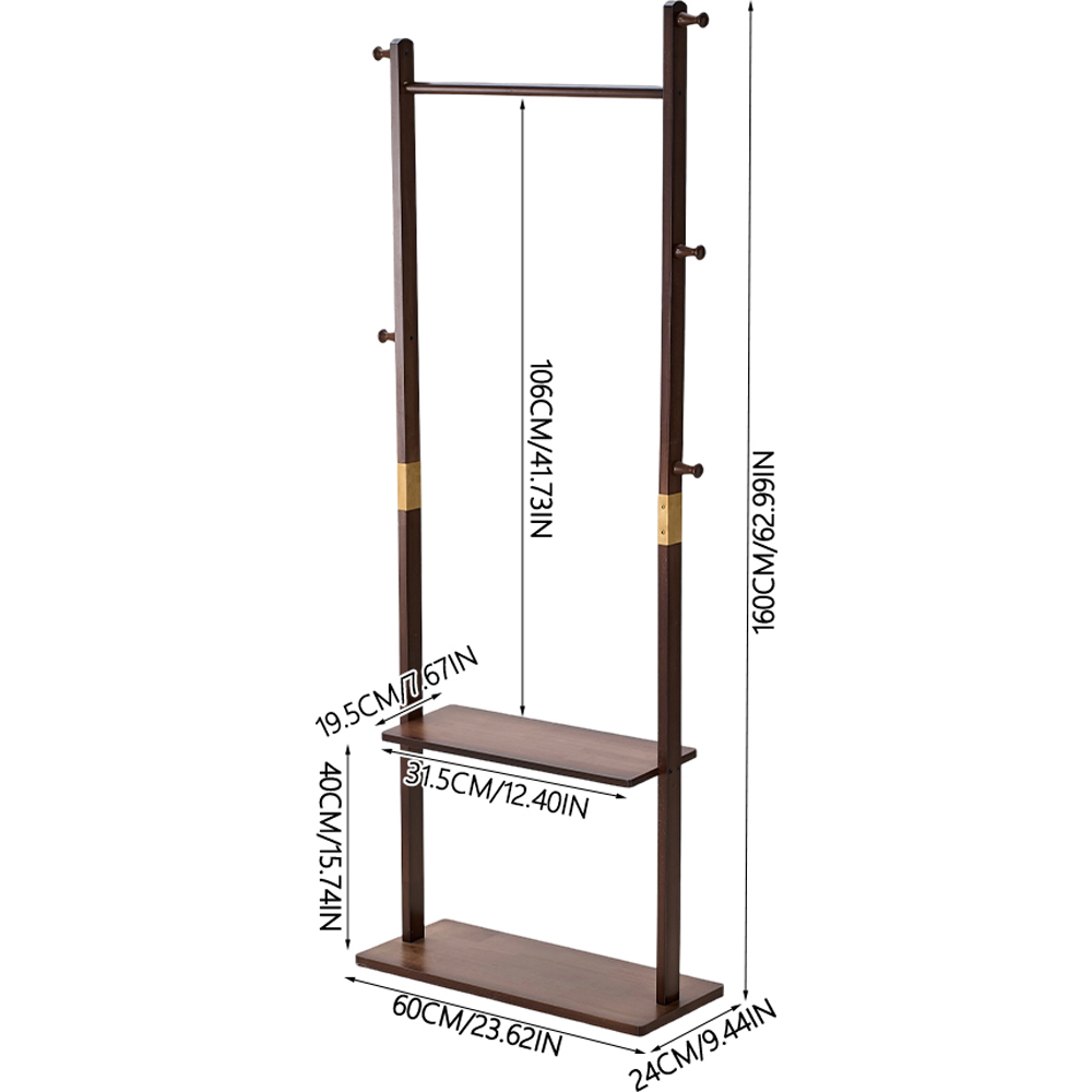 Living and Home Single Shelf Walnut Freestanding Clothes Rack with 5 Hooks Image 8