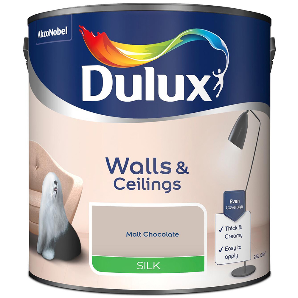 Dulux Walls & Ceilings Malt Chocolate Silk Emulsion Paint 2.5L Image 2