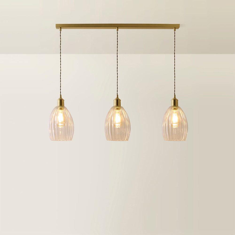 ValueLights Cheltenham Ribbed Shades Brushed Gold 3 Drop Bar Ceiling Light with Bulbs Image 5