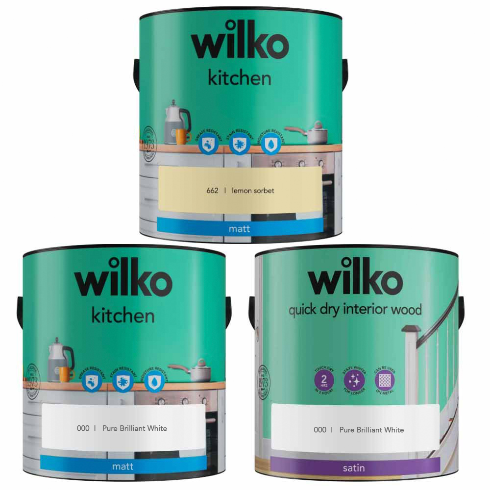 Wilko Kitchen Lemon Sorbet and Pure Brilliant White Paint Bundle Image 1