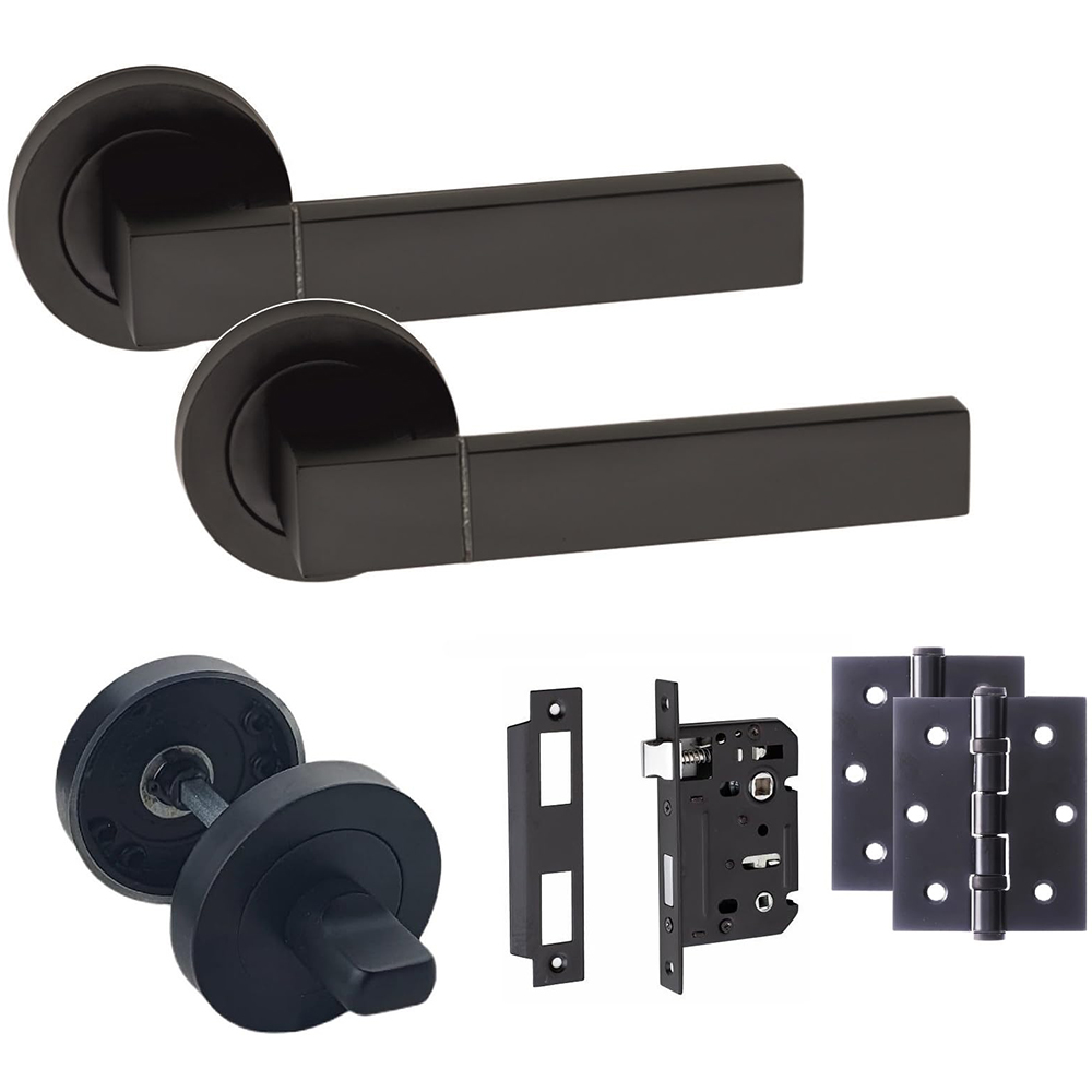 Golden Grace Capri Matt Black Bathroom Door Handle Pair with Mortise, Hinges and Thumbturn 64mm Image 1