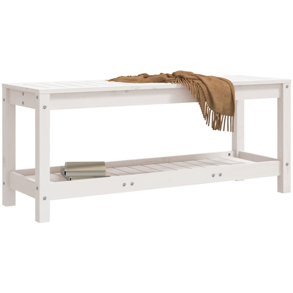 vidaXL White Solid Pine Wood Slatted Garden Bench with Shelf 108 x 35 x 45cm Image 3