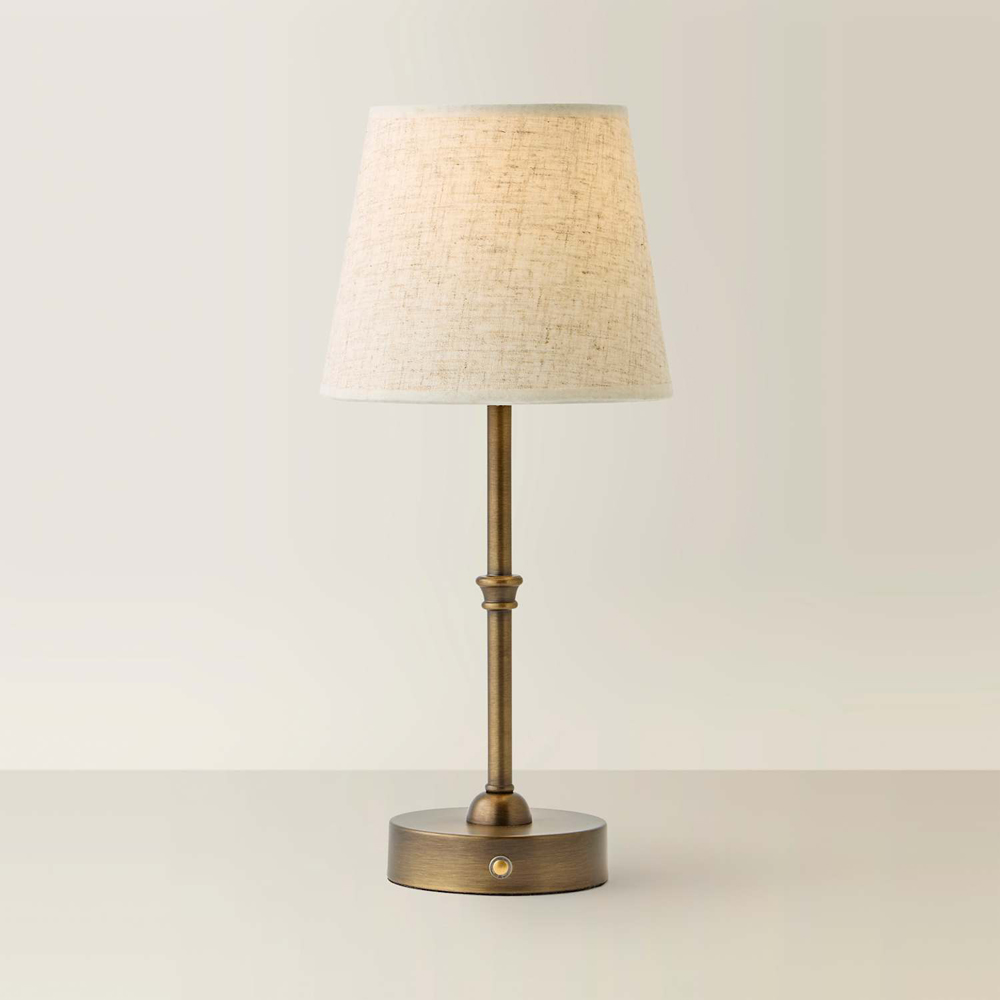 ValueLights Lowe Linen Tapered Shade Brass Portable Rechargeable Table Lamp with Bulb Image 3