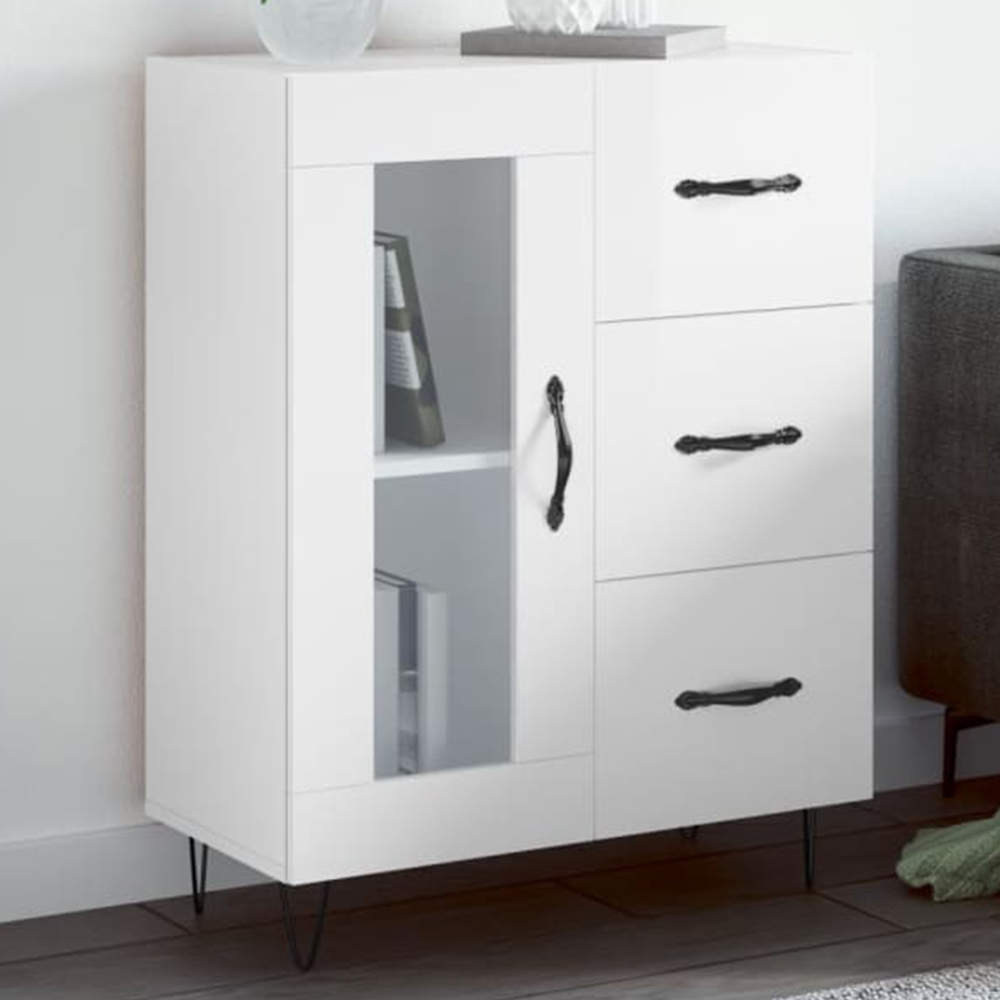 vidaXL Single Glass Door 3 Drawer High Gloss White Sideboard Image 1