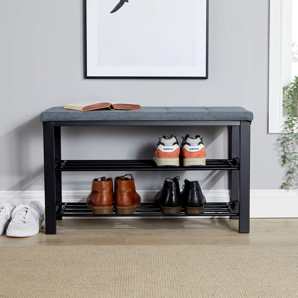 Home Source Sleaford 2 Shelf Grey Linen Upholstered Metal Shoe Bench Image 4
