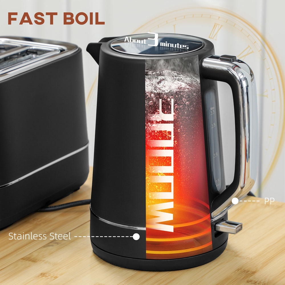 HOMCOM 800-232V70BK Black 1.7L Fast Boil Electric Kettle 3000W and 2 Slice Toaster Set Image 8