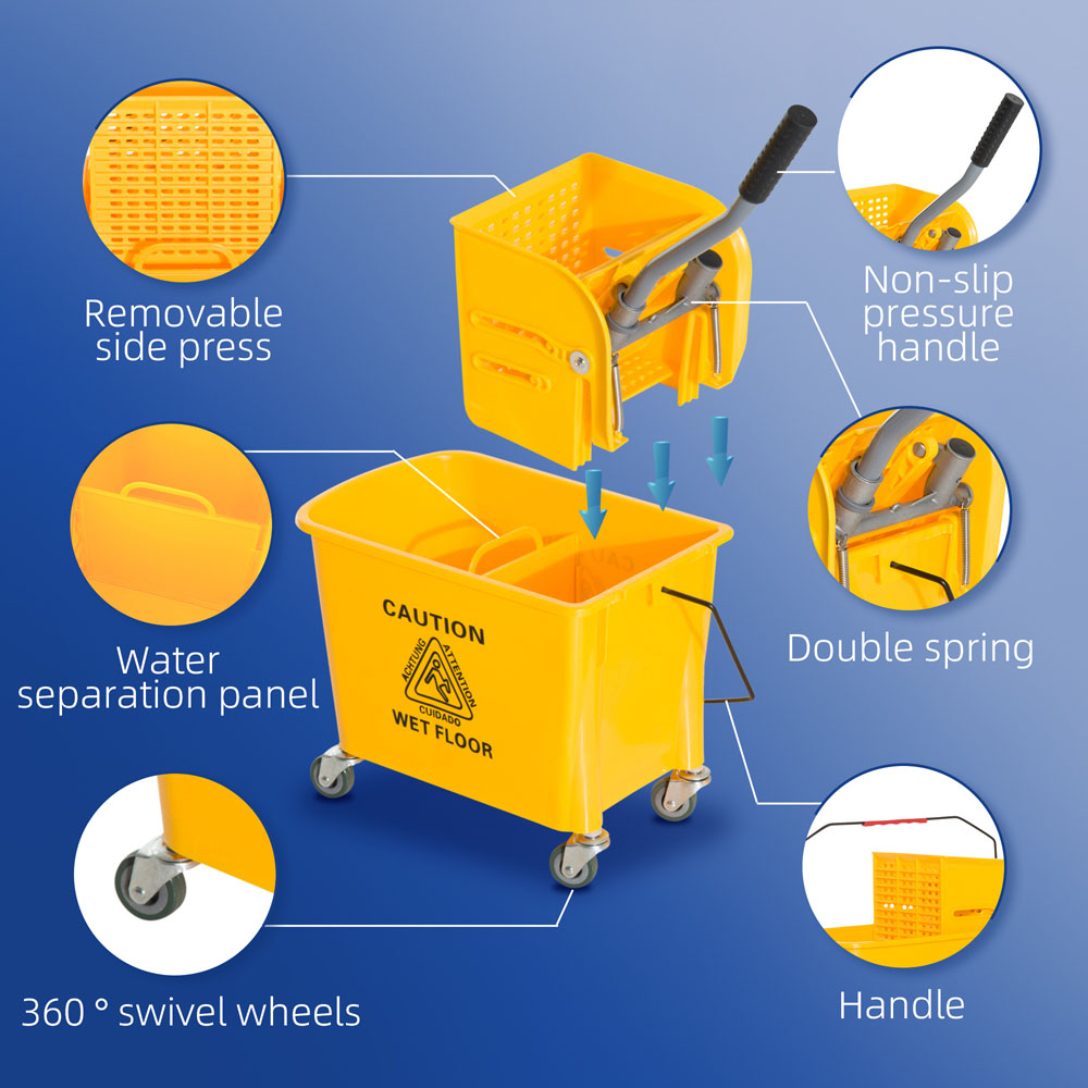 HOMCOM Yellow Wringer Handle Mop and Bucket Set on Wheels 20L Image 7
