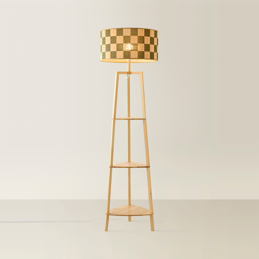 ValueLights Hiru 3 Shelf Green Check Bamboo Drum Shade Natural Wooden Floor Lamp with Bulb Image 3