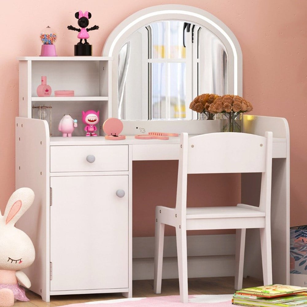Costway Kids White Vanity Table and Chair Set with Storage Image 1