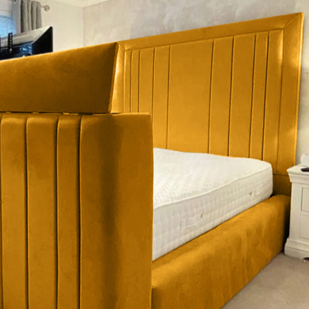 Eleganza Home Genna Double Mustard Plush Velvet TV Bed Frame with Lined Headboard Image 2