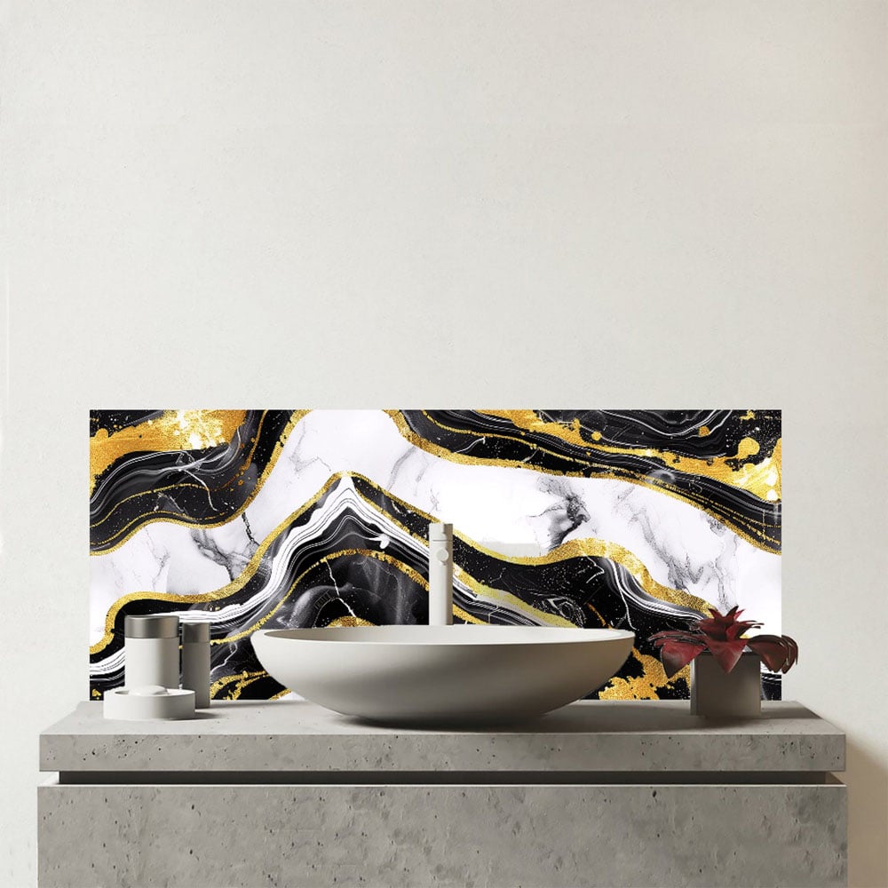 Warren Reed Designer Black and Gold Marble Effect Bathroom Splashback 25 x 60cm Image 1