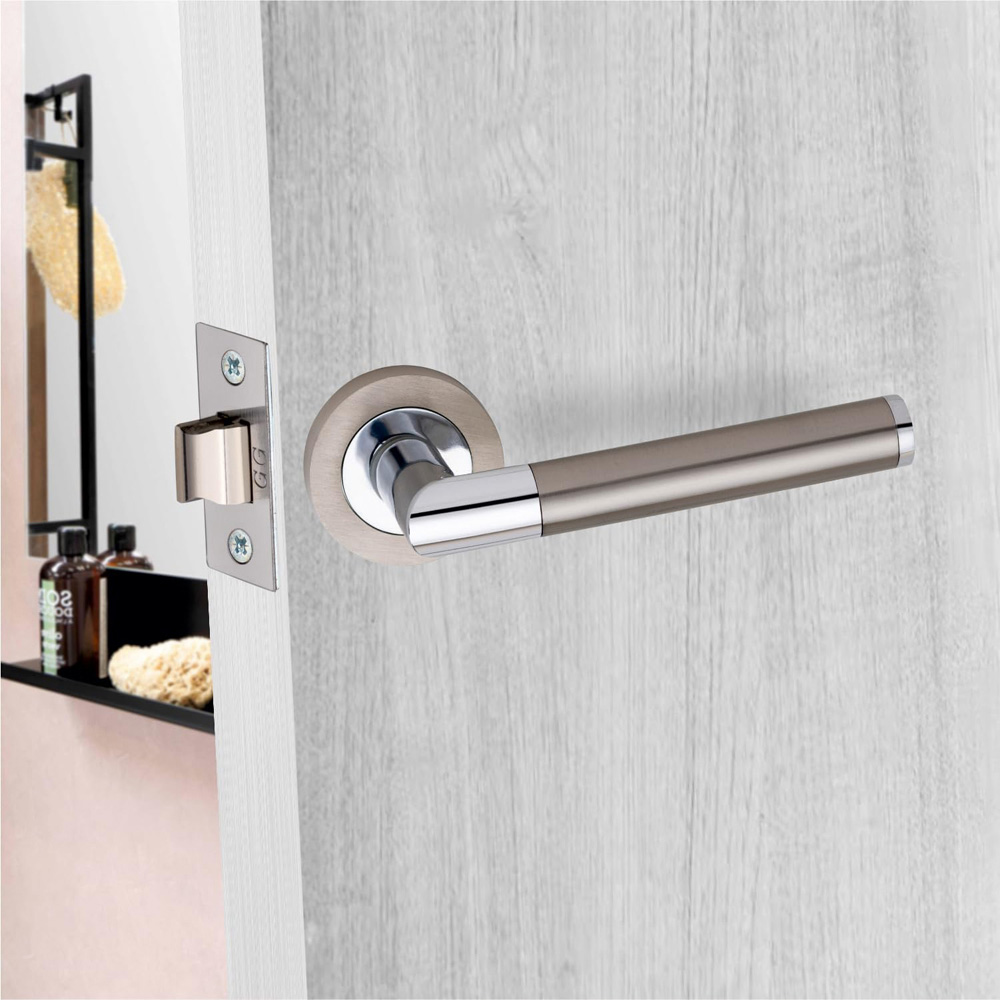 Golden Grace Mitred Satin Nickel Polished Chrome Door Handle Pair with 3 Lever Mortise and Key Hole 64mm Image 2
