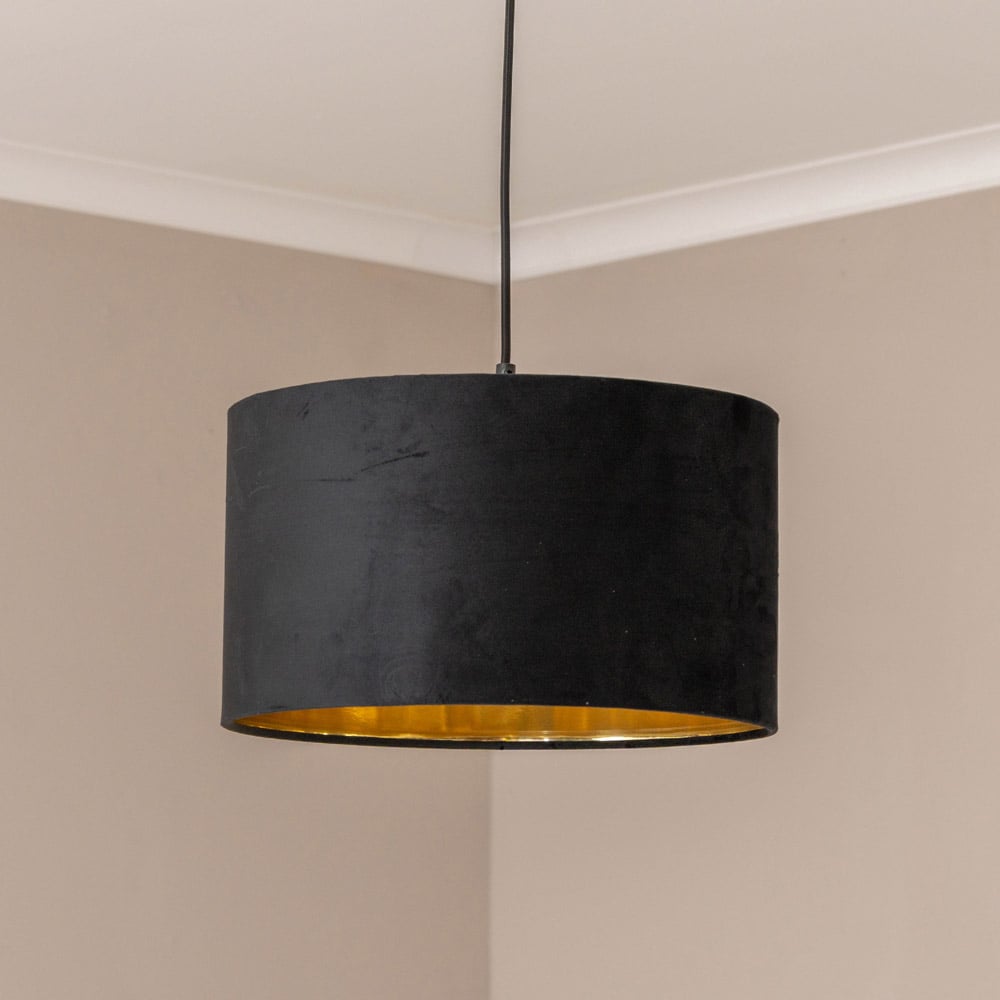 ValueLights Reni Black Velvet and Gold Inner Drum Ceiling Lamp Shade 35cm Image 2