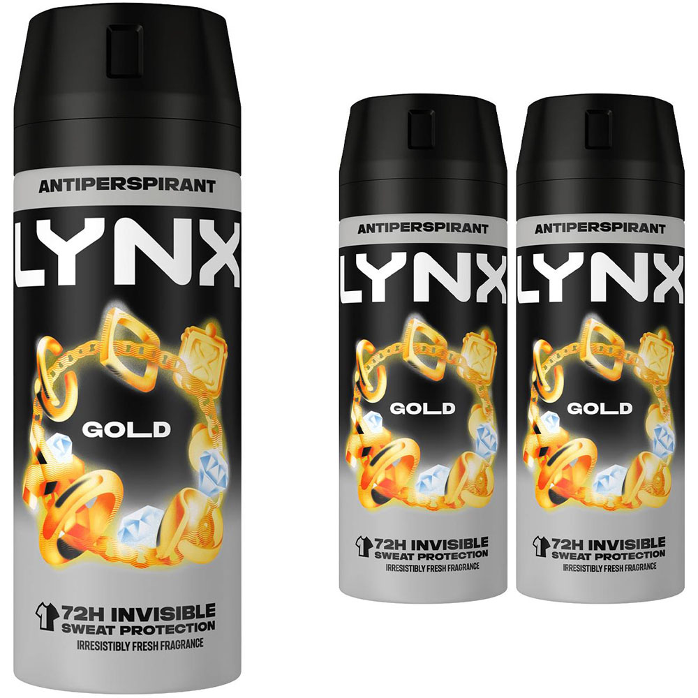 Lynx Gold 72H Protection Anti-Perspirant Anti-White Marks Deodorant Spray 150ml 3 Pack Image 1