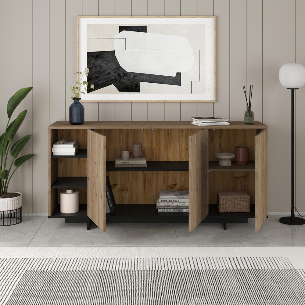 Decortie Stockton 3 Door Oak Effect and Black Sideboard Image 4
