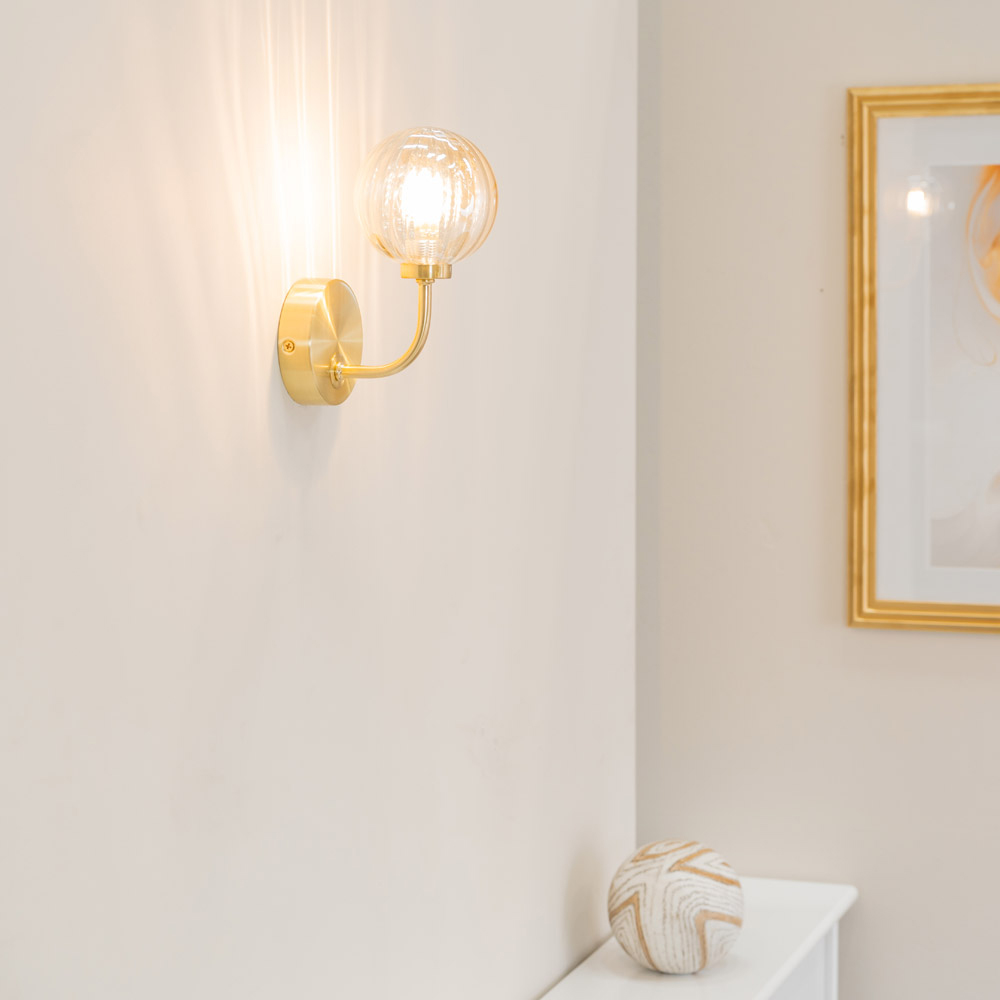 ValueLights Chessy Gold Ribbed Glass Globe Stem LED Wall Light Image 2