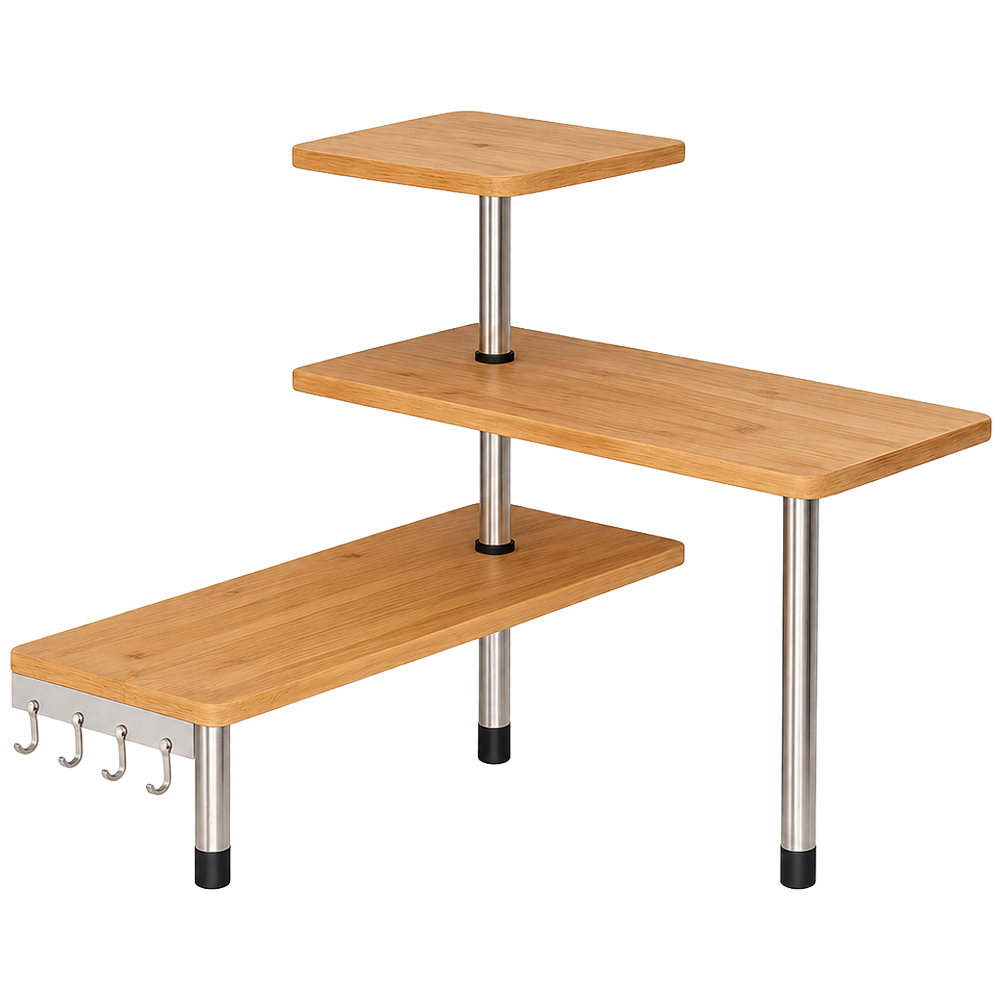 Avilo 3 Shelf Wooden Freestanding Corner Kitchen Etagere with 4 Hanging Hooks Image 1