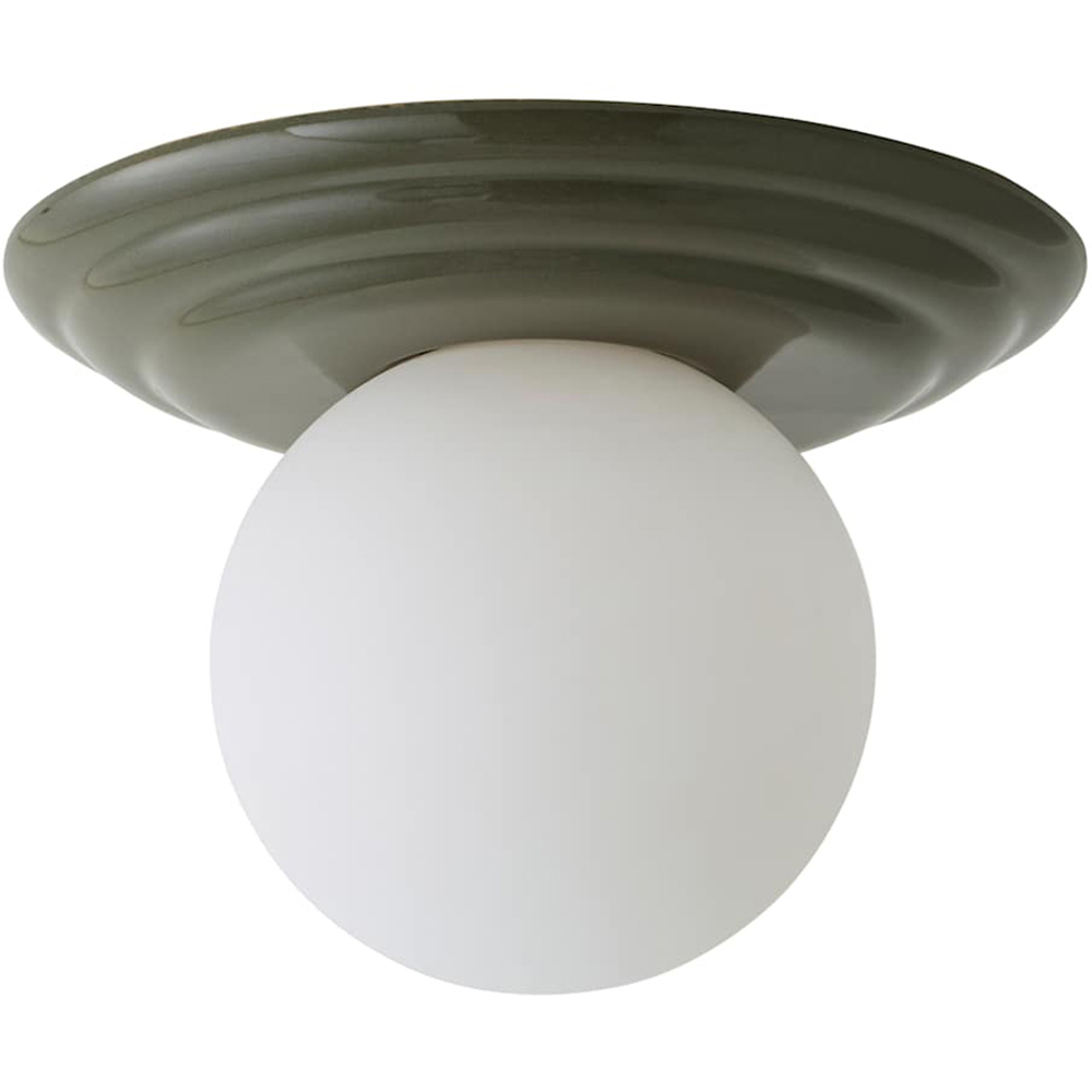 ValueLights Rue Frosted Glass Shade Olive Ribbed Ceramic Base Flush Ceiling Light with Bulb Image 1