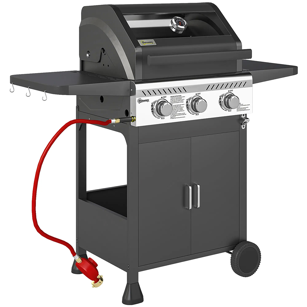 Outsunny 3 Burner Propane Gas BBQ Grill with See Through Lid Image 1