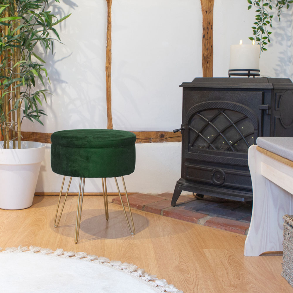 Harbour Housewares Green and Gold Velvet Round Footstool with Storage Image 4