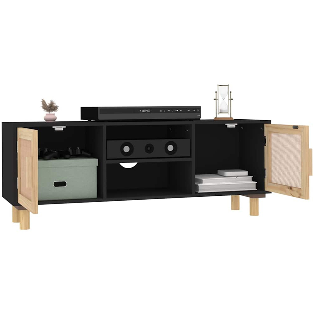 vidaXL 2 Door 2 Shelf Black Solid Pine and Natural Rattan TV Cabinet Image 3