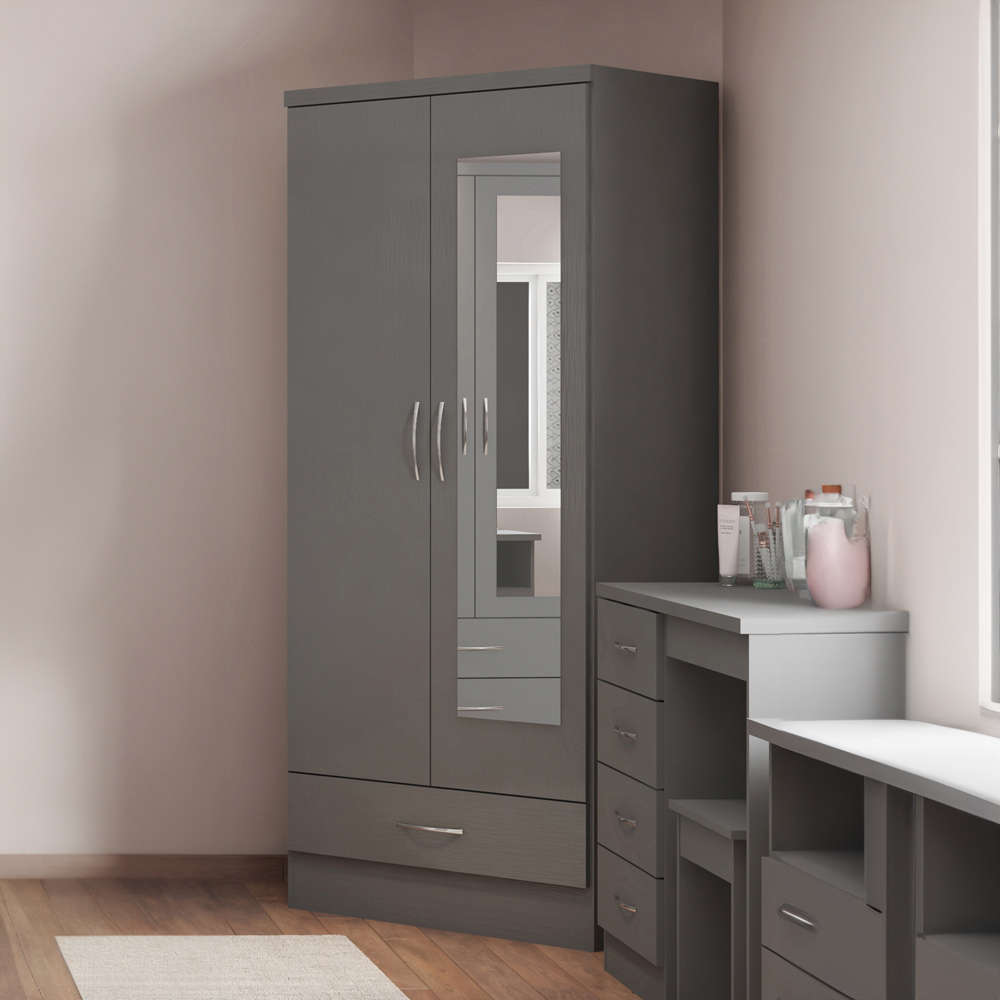 Seconique Nevada 2 Door 3D Effect Grey Mirrored Wardrobe Image 1
