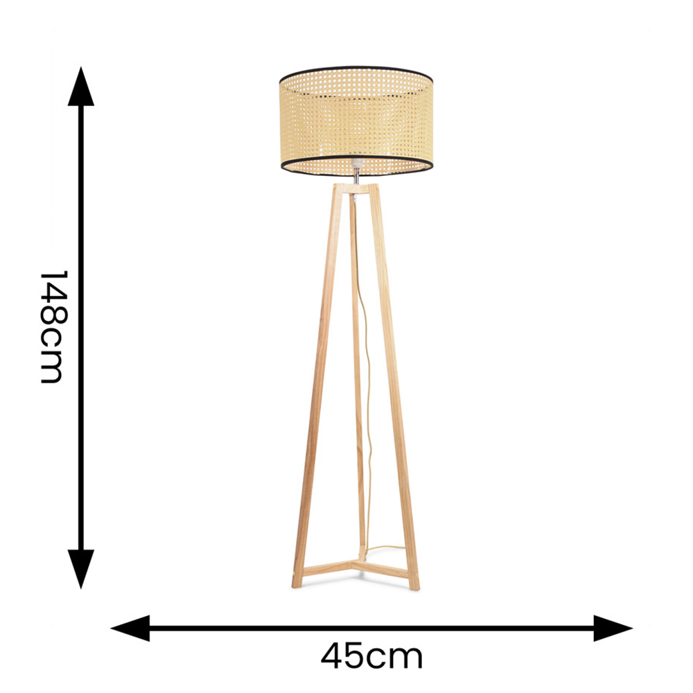 ValueLights Lottie Natural Cane Drum Shade Natural Wood Tripod LED Floor Lamp Image 4
