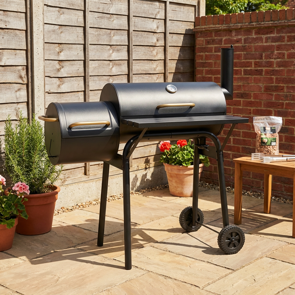 Black Houston Smoker BBQ with Grill Gold Handles Image 5