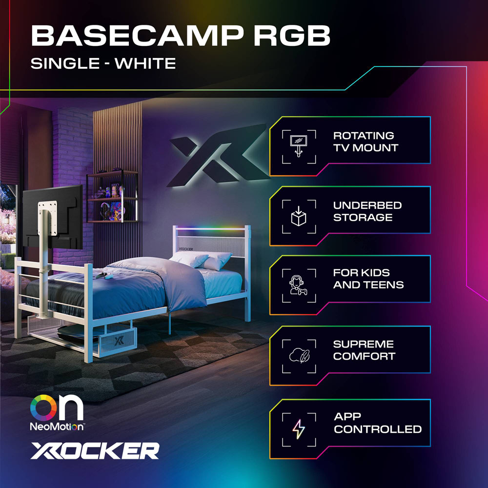 X Rocker Basecamp Single White TV Gaming Bed with App Controlled RGB LED Light Image 7