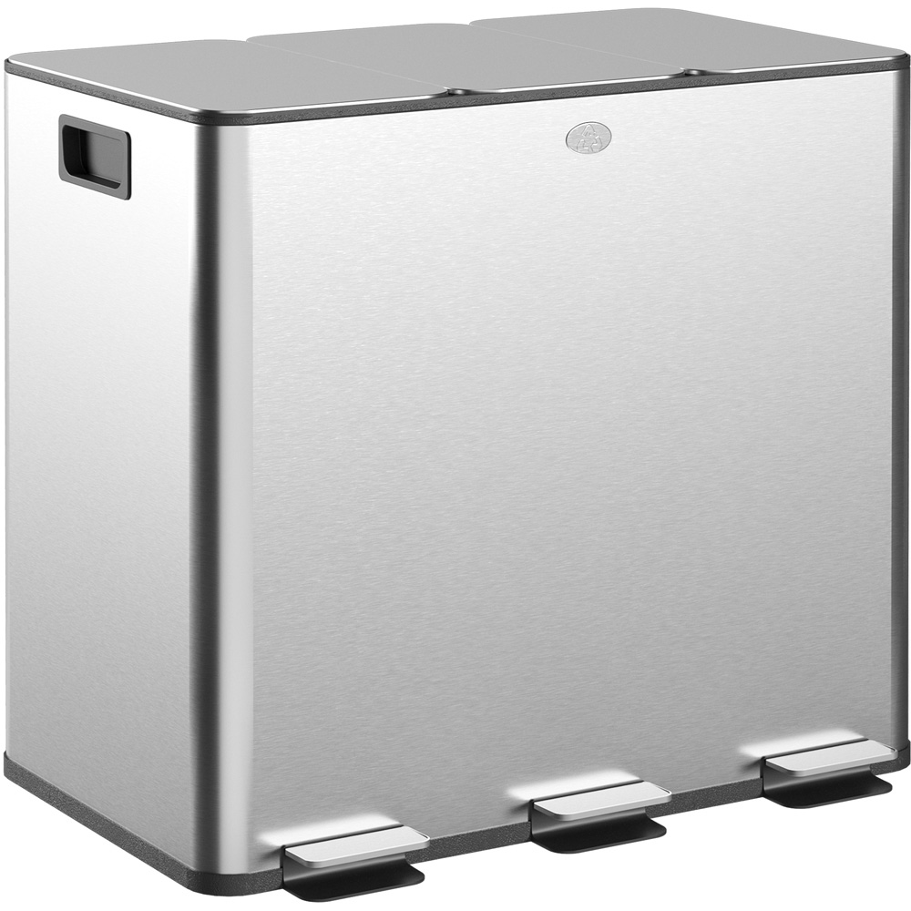 HOMCOM Silver Tone Triple Bin Kitchen Pedal Bin 45L Image 1