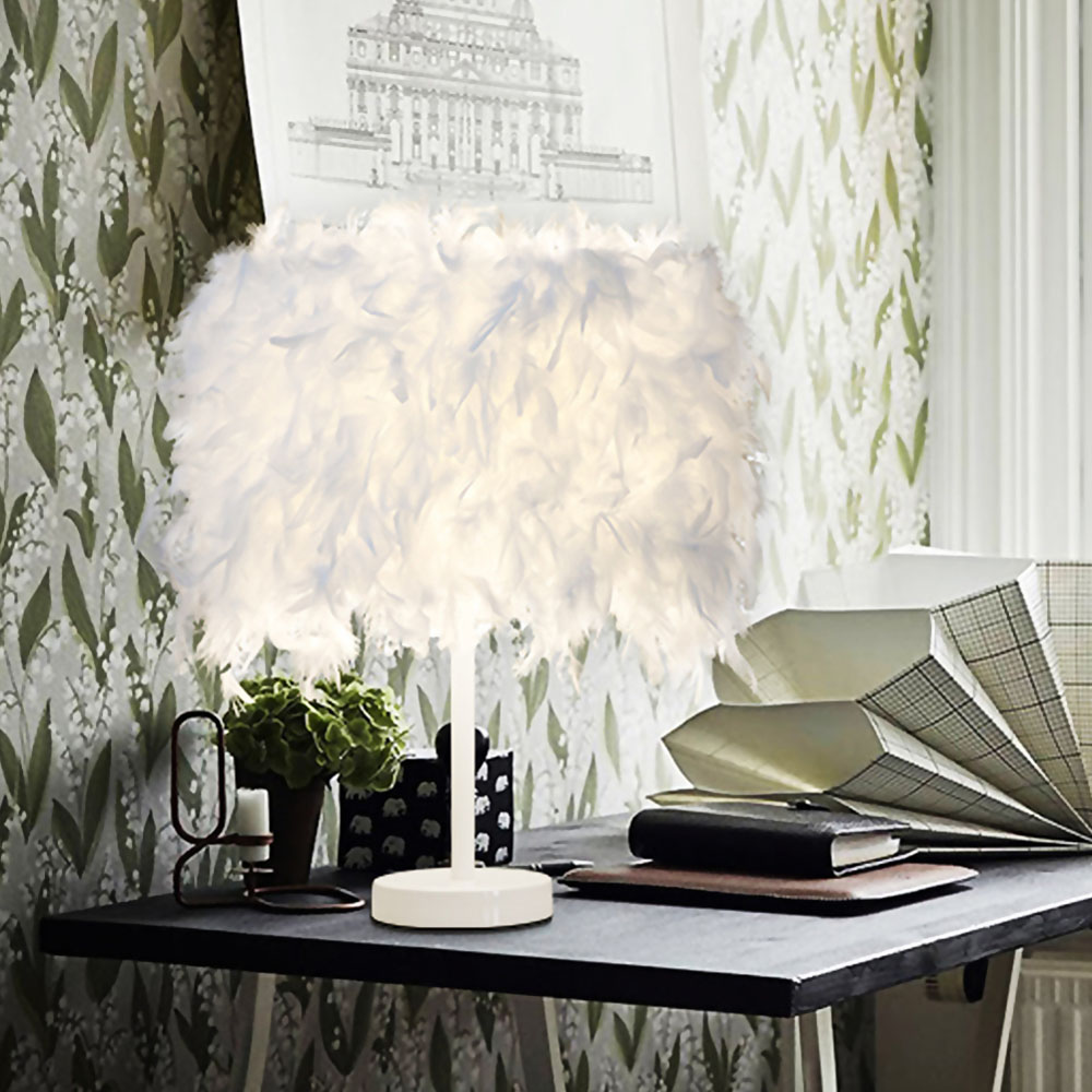 Living and Home LED Table Lamp with Feather Lampshade Image 3
