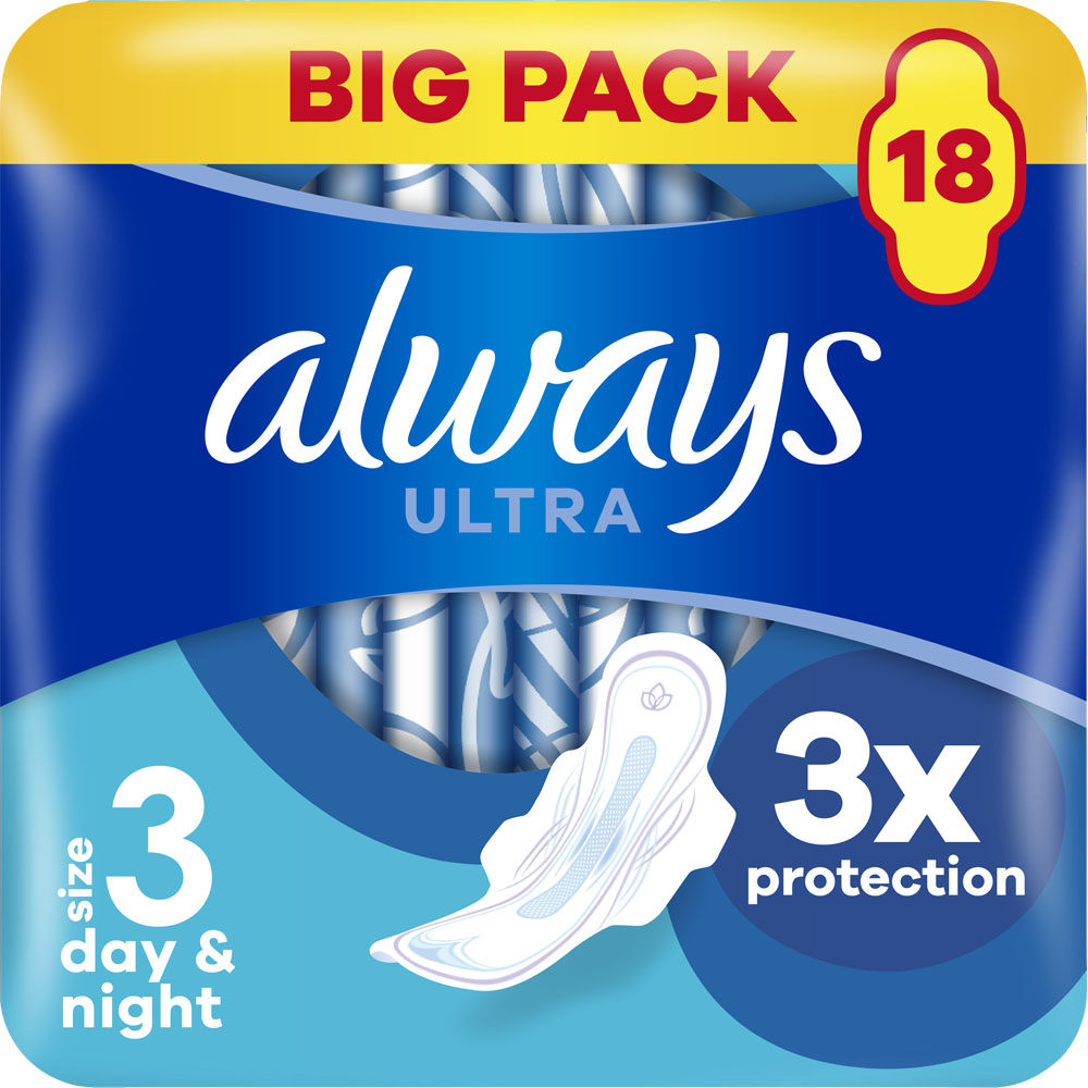 Always Ultra Day and Night Sanitary Towels with Wings Size 3 x 18 Pads Image 2