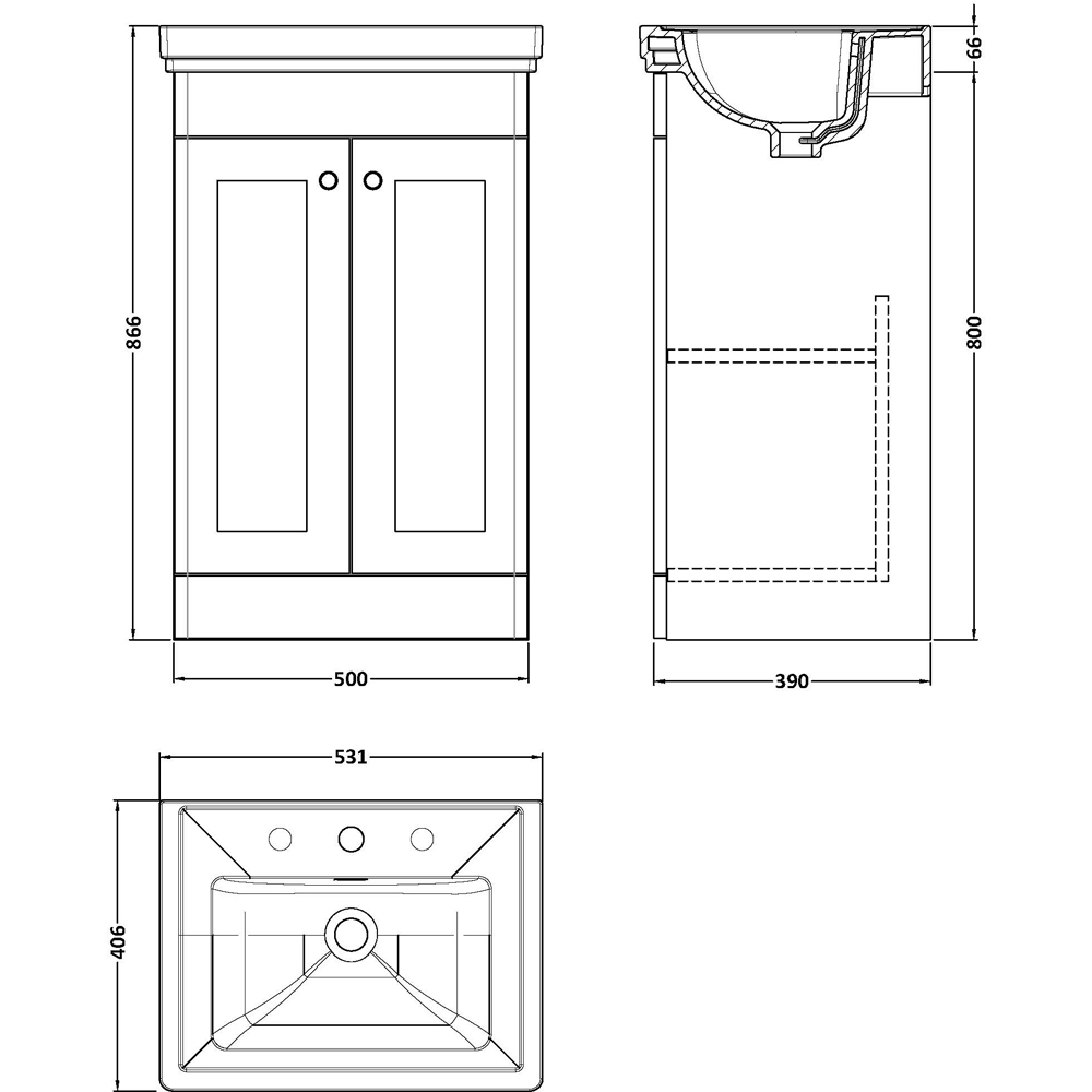 nuie Classique 2 Door Soft Black Floor Standing Vanity Unit and 3 Tap Hole Fireclay Basin 500mm Image 2