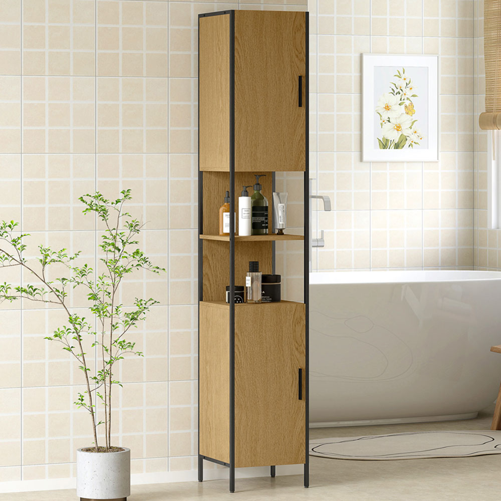 HOMCOM 2 Door 2 Shelf Natural Slim Bathroom Storage Cabinet Image 1