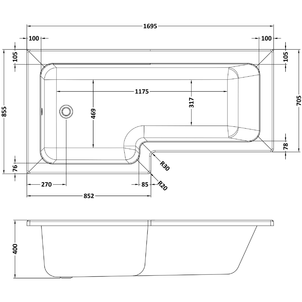 nuie 1700mm Left Hand Square Bath with Panel and Chrome Screen Image 2