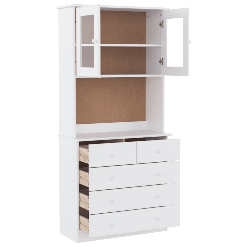 vidaXL 2 Glass Door 5 Drawer Single Shelf White Pine Wood Highboard Image 4