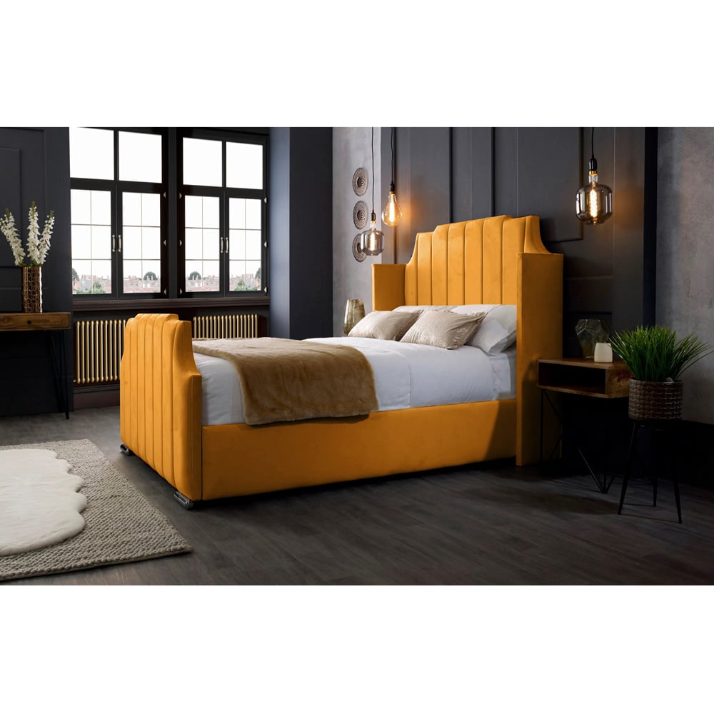 Eleganza Home Nelly King Size Mustard Plush Velvet Bed Frame with Winged Headboard Image 3