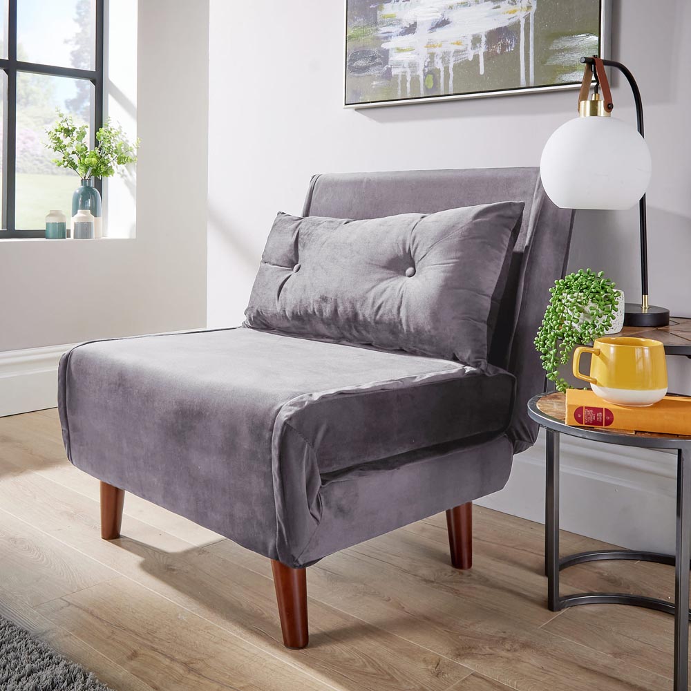 Home Source Morella Single Seater Grey Velvet Folding Sofa Bed with Pillow Image 8