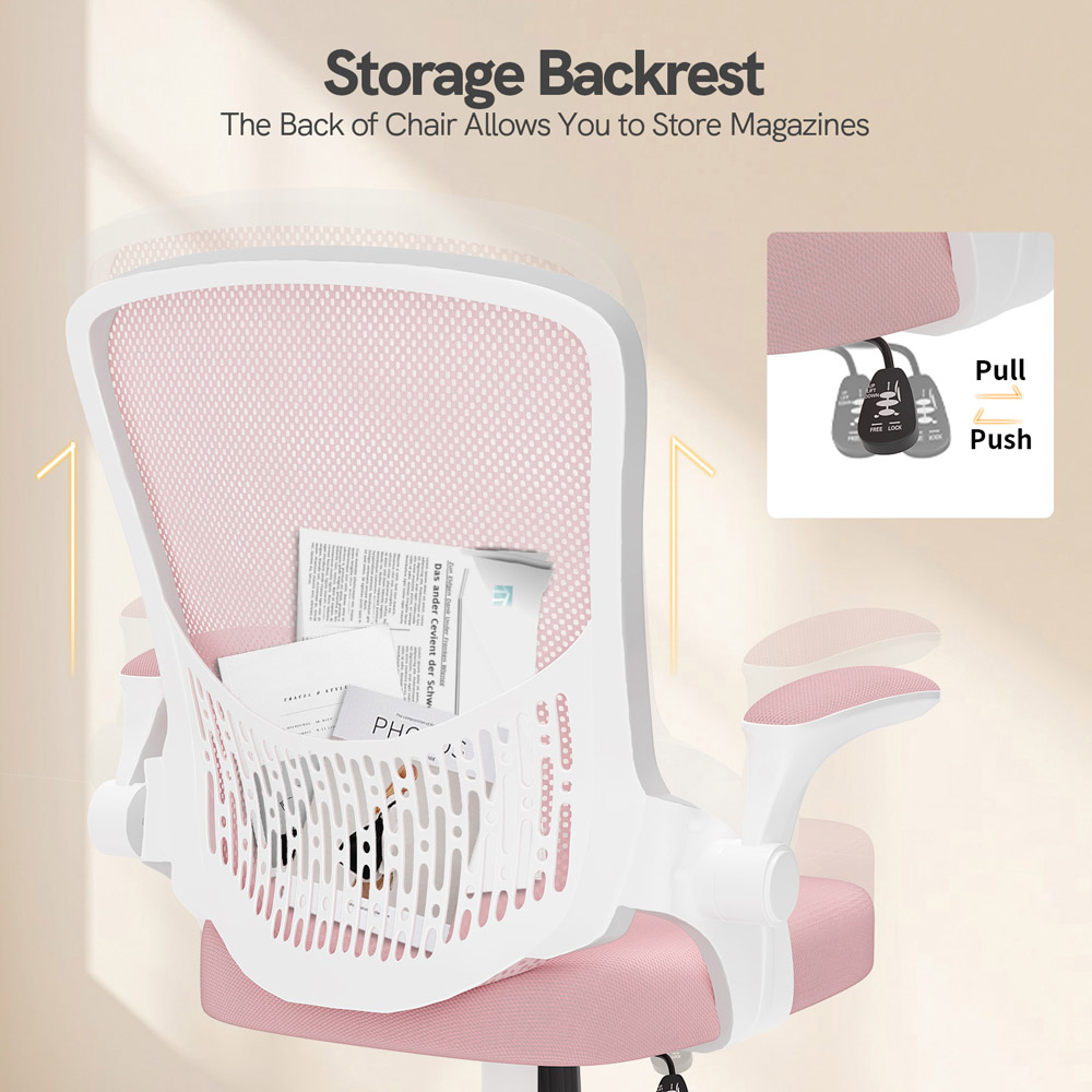 Rattrix Pink Mid-Back Mesh Office Chair with Flip-Up Armrests and Lumbar Support Image 5